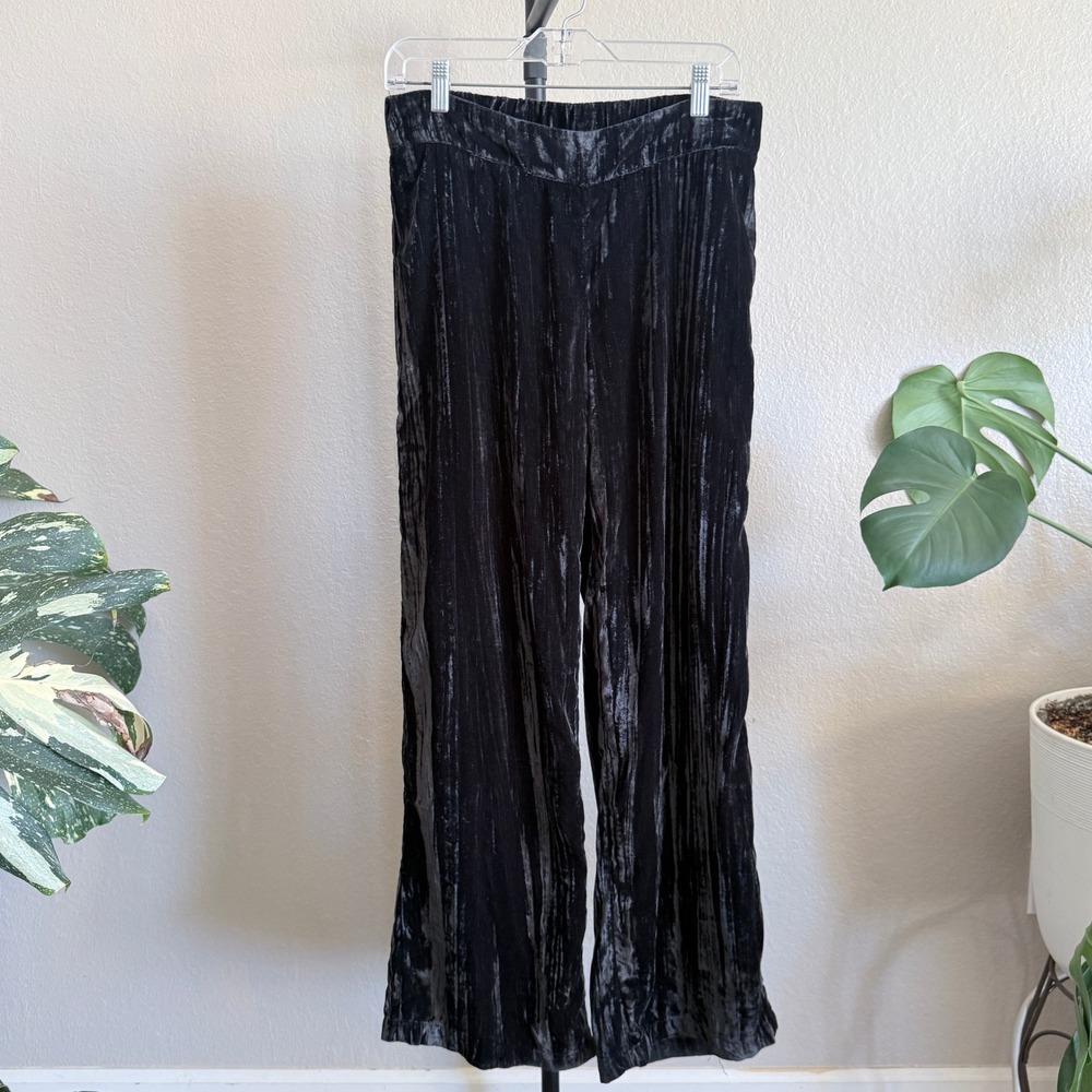 Soft Surroundings Black Crushed Velvet Wide Leg Pants Elastic Waist Women Size S